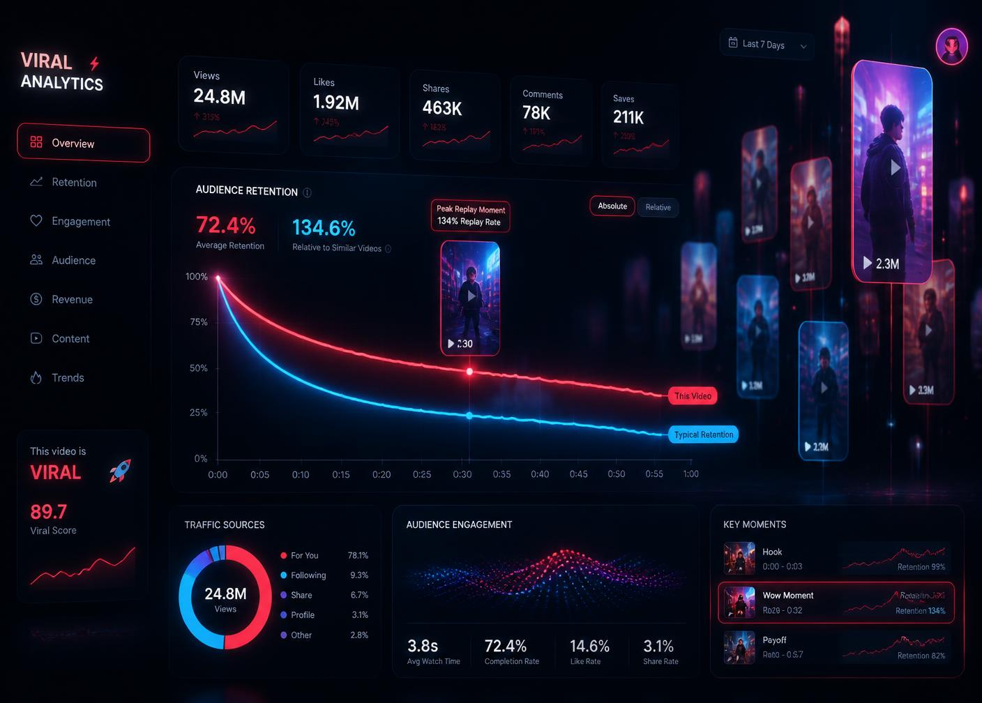 Dark analytics dashboard showing a video retention curve and viral score